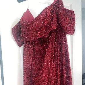 Burgundy sequin off the shoulder dress